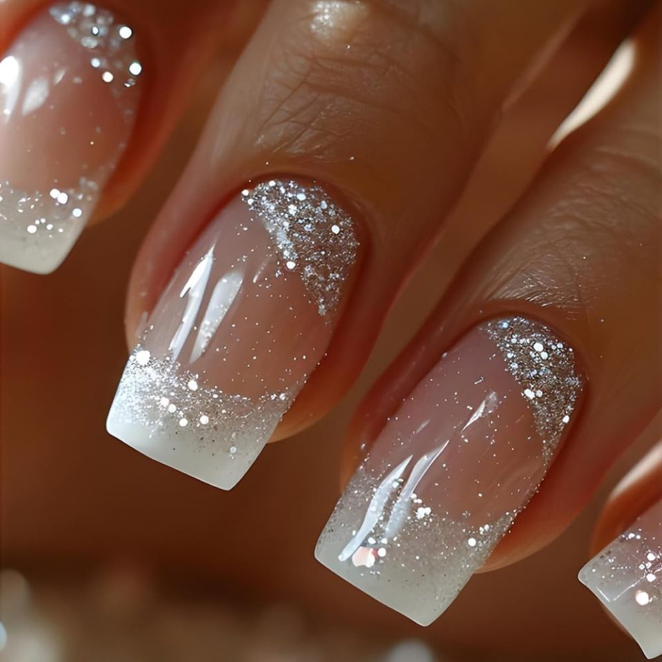 Square Press On Medium French Tips Silver Glitter Acrylic Nails